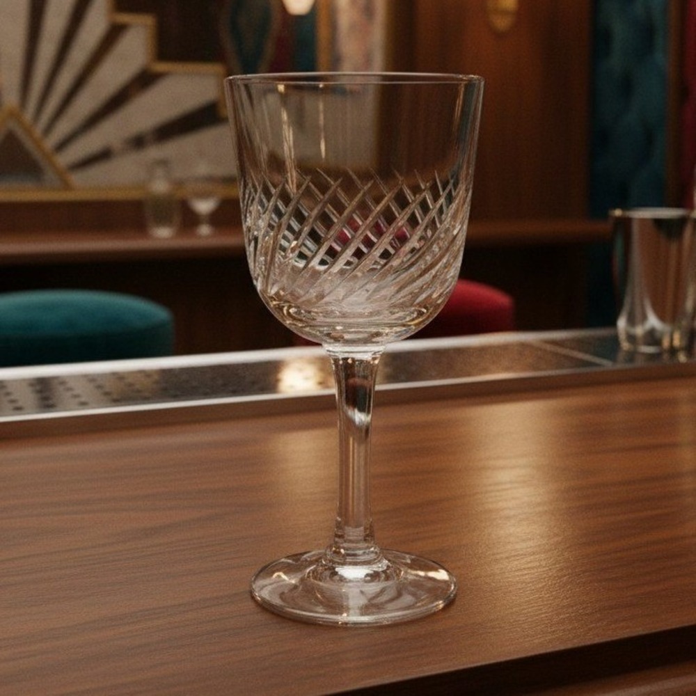 Etched Criss-Cross Wine Goblet, Vintage Clear Stemware Mid-Century Pressed Glass